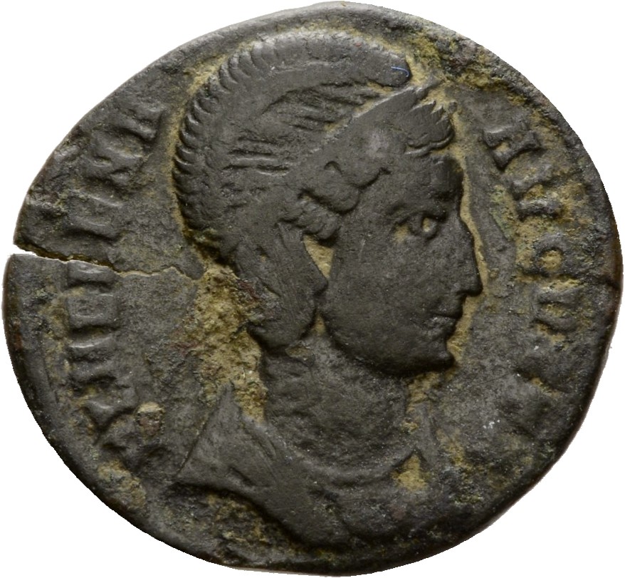 Constantine I obverse — Bust of Helena, wearing necklace and mantle, right