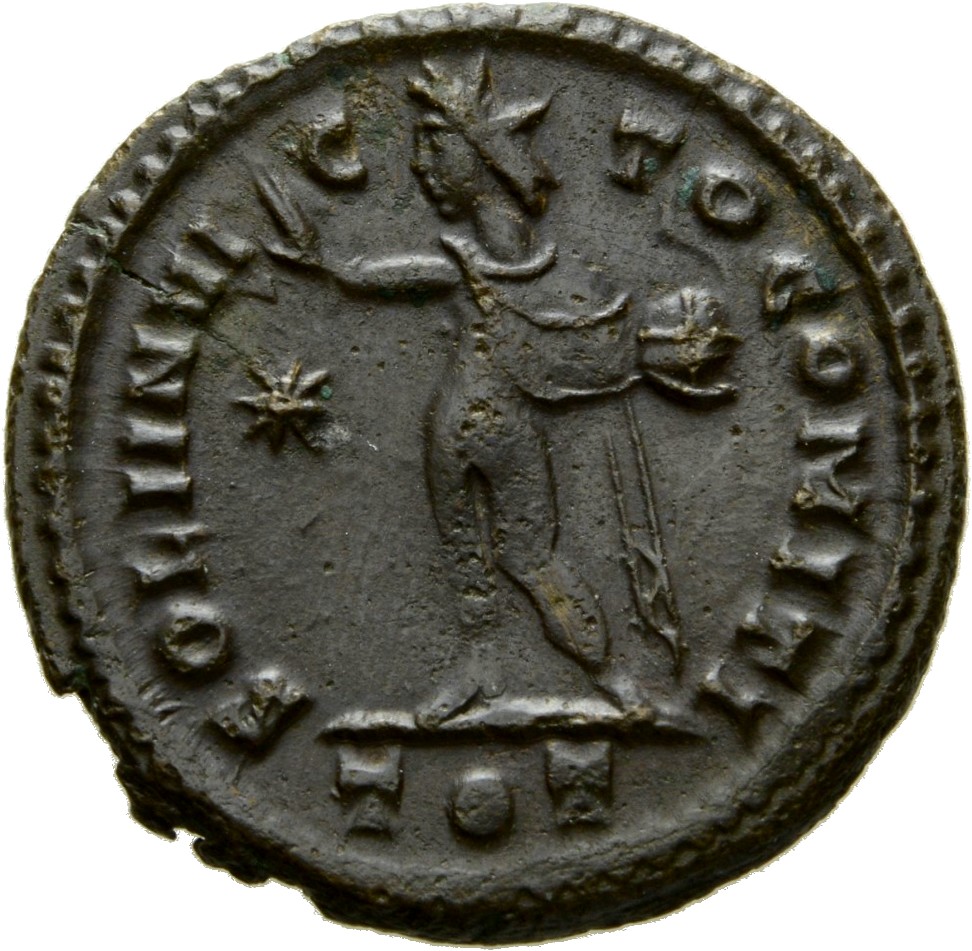 RIC VII Ticinum 22 Constantine I reverse, Sol, radiate, chlamys draped across left shoulder, standing left, raising right ...