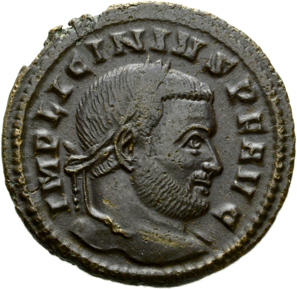Constantine I obverse — Head of Licinius, laureate, right