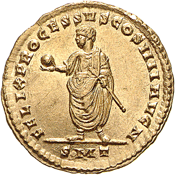 Constantine I reverse — Constantine I, togate, standing left, holding globe in right hand and short sceptre in left hand