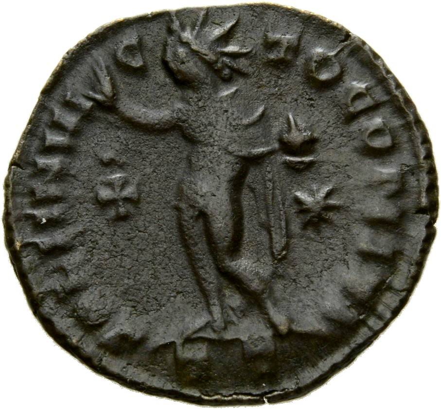 RIC VII Ticinum 45 Constantine I reverse, Sol, radiate, chlamys draped across left shoulder, standing left, raising right ...