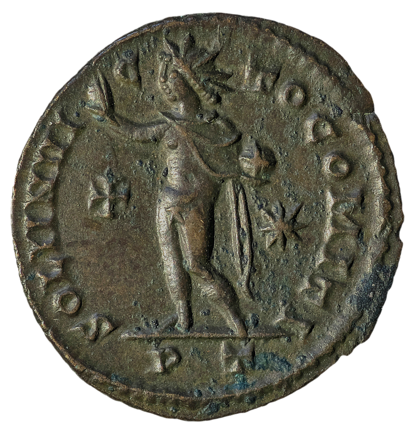 Constantine I reverse — Sol, radiate, chlamys draped across left shoulder, standing left, raising right hand and holding globe in left hand