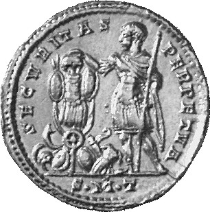 Constantine I reverse — Constantine I, draped, cuirassed, standing left, leaning on sceptre with right hand and erecting trophy with left hand; at foot of trophy, cuirass and shield