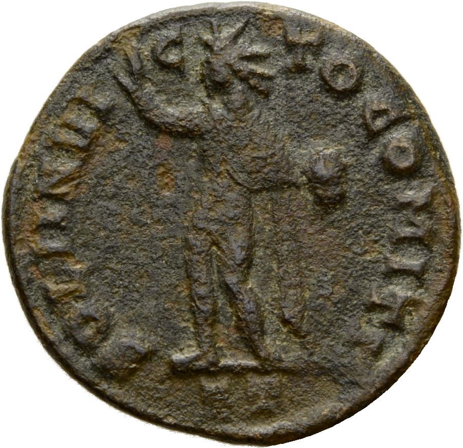 Constantine I reverse — Sol, radiate, chlamys draped across left shoulder, standing left, raising right hand and holding globe in left hand