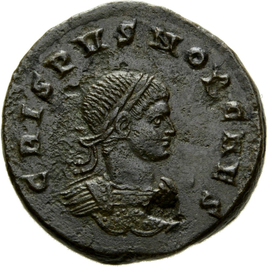 Constantine I obverse — Bust of Crispus, laureate, cuirassed, right