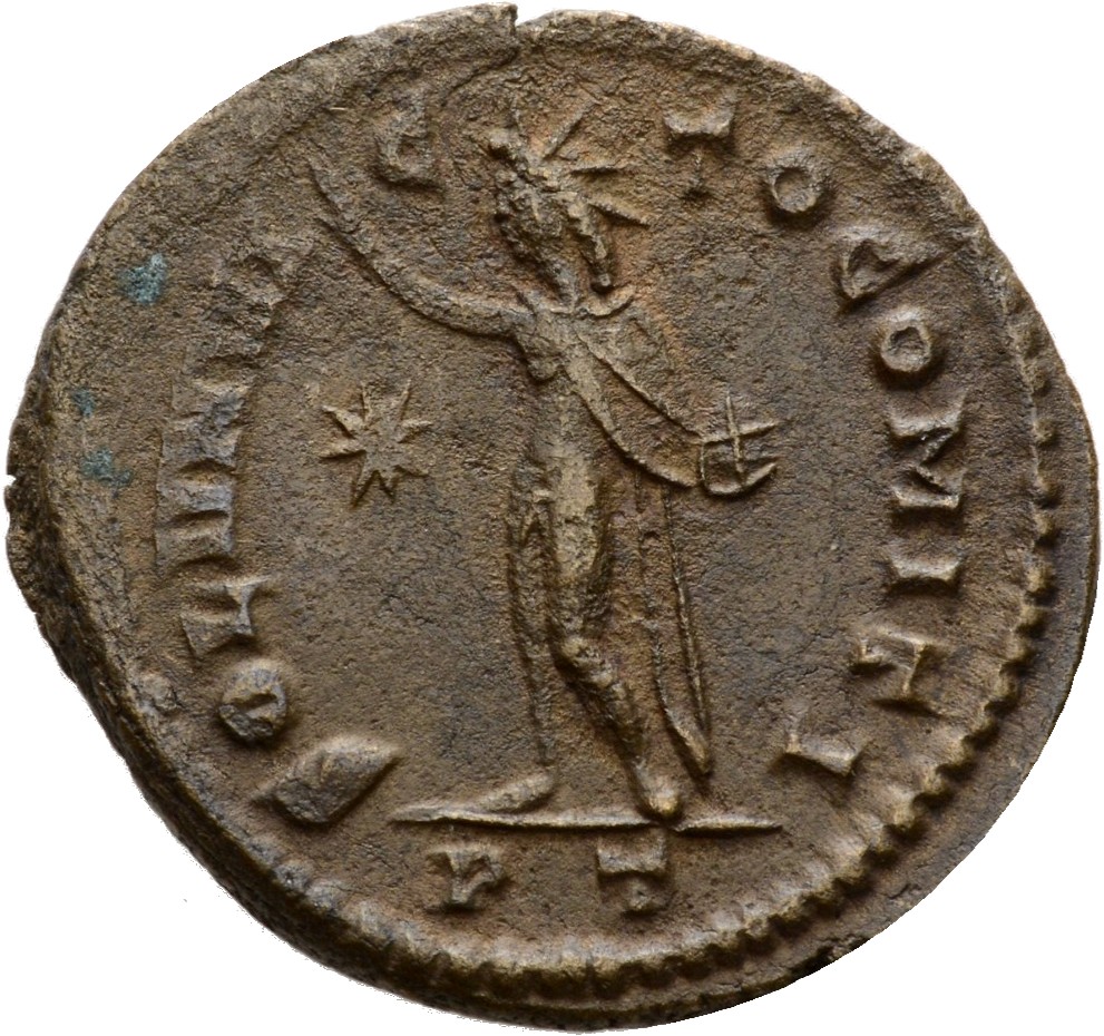 Constantine I reverse — Sol, radiate, chlamys draped across left shoulder, standing left, raising right hand and holding globe in left hand