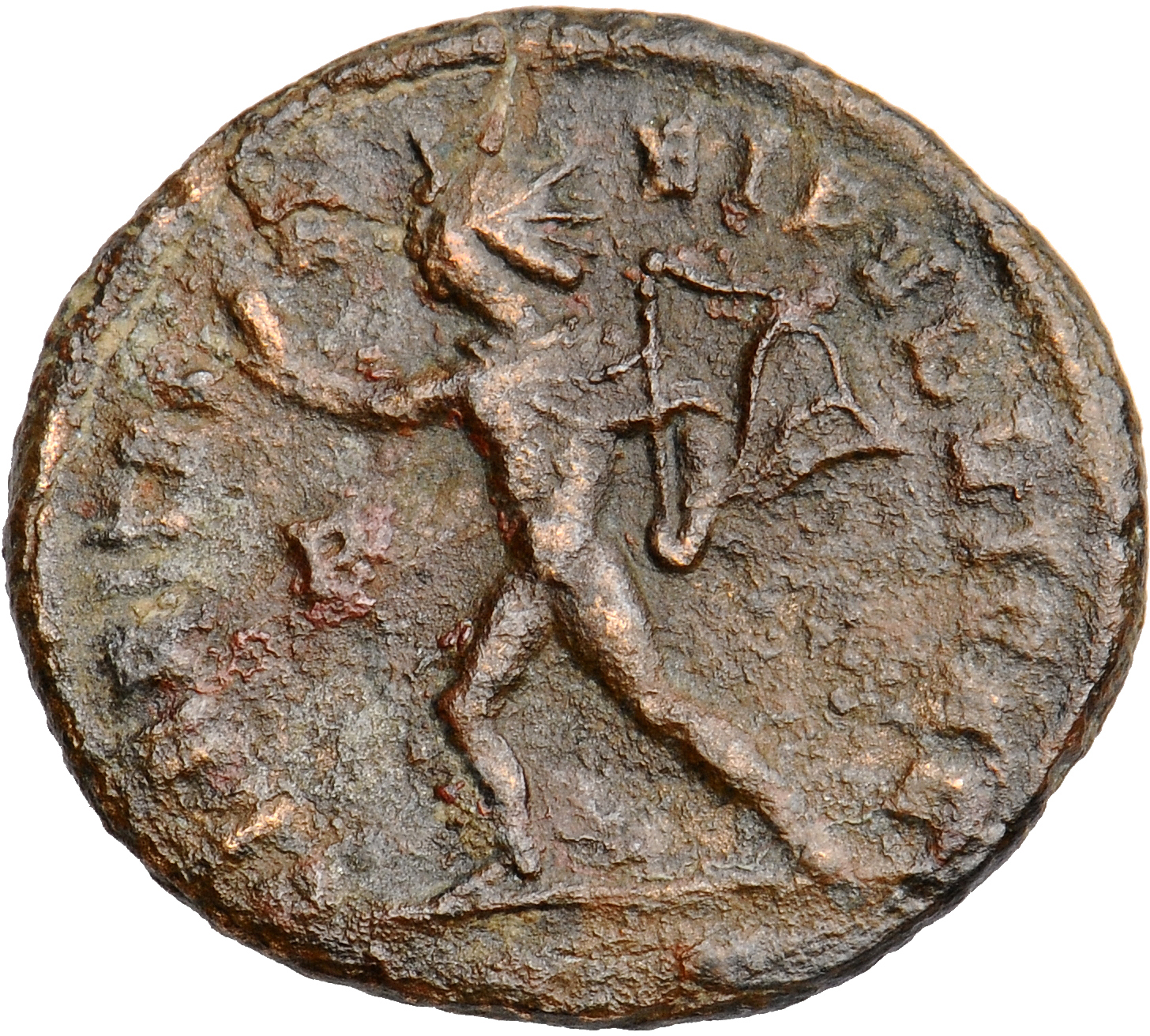 Constantine I reverse — Sol, radiate, chlamys flying, advancing left, raising right hand and holding whip in left hand