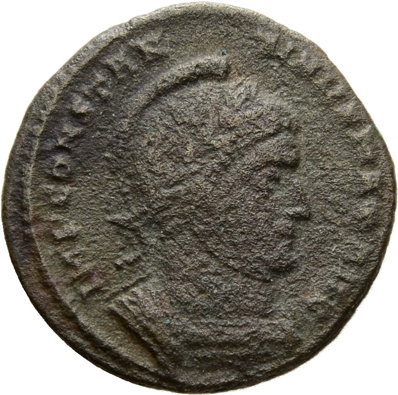 Constantine I obverse — Bust of Constantine I, laureate, helmeted, cuirassed, right