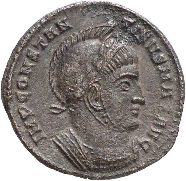 Constantine I obverse — Bust of Constantine I, laureate, helmeted, cuirassed, right