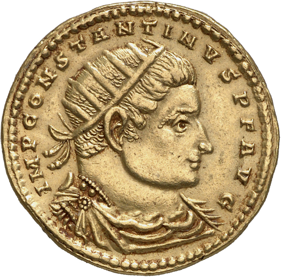 Constantine I obverse — Bust of Constantine I, radiate, draped, cuirassed, right