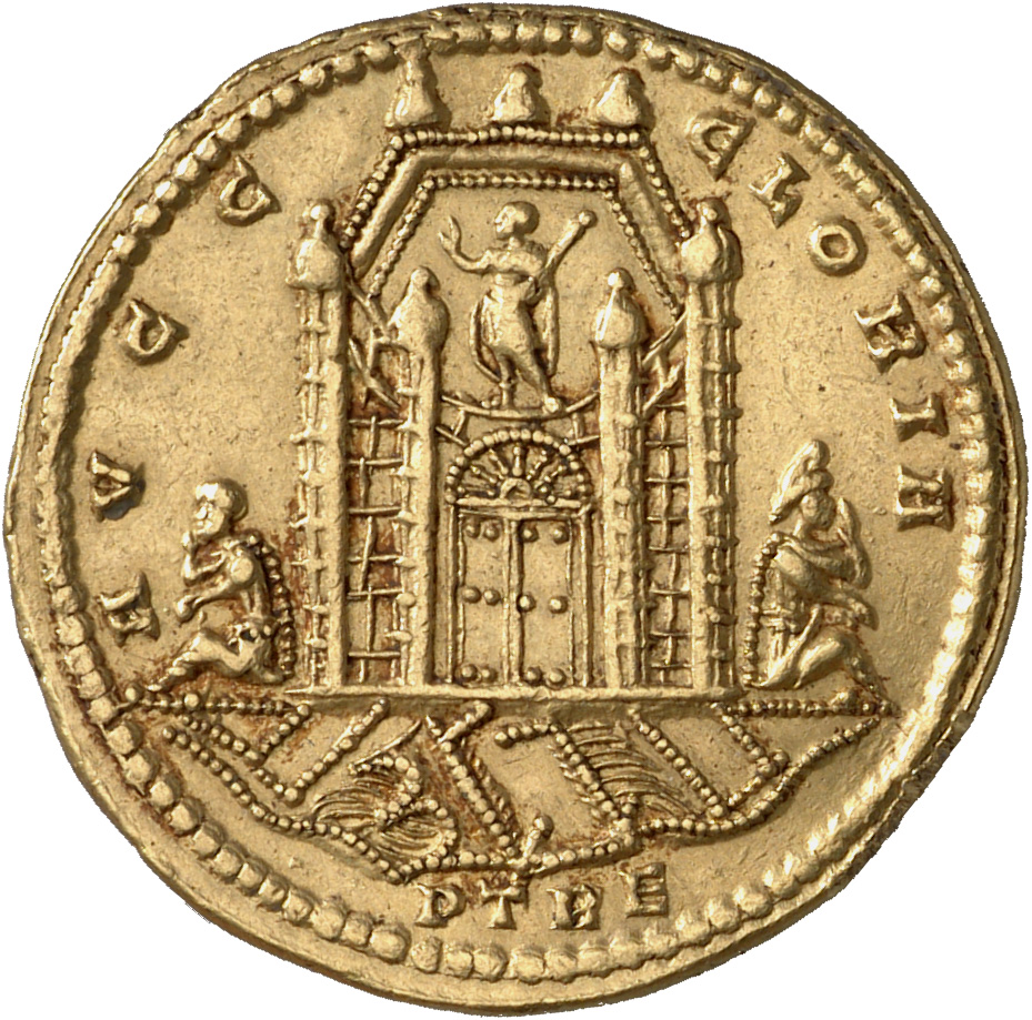 Constantine I reverse — Gate of Trier, in four turrets, closed; statue of Constantine I standing left in middle, holding sceptre in right hand; captive on either side of gate; in front of river, bridge; in background wall of Trier, three turrets