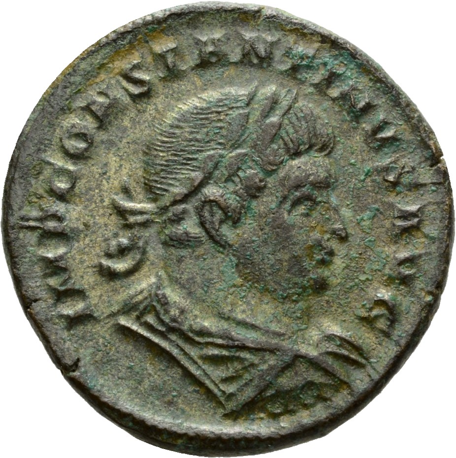 Constantine I obverse — Bust of Constantine I, laureate, draped, cuirassed, right, seen from behind