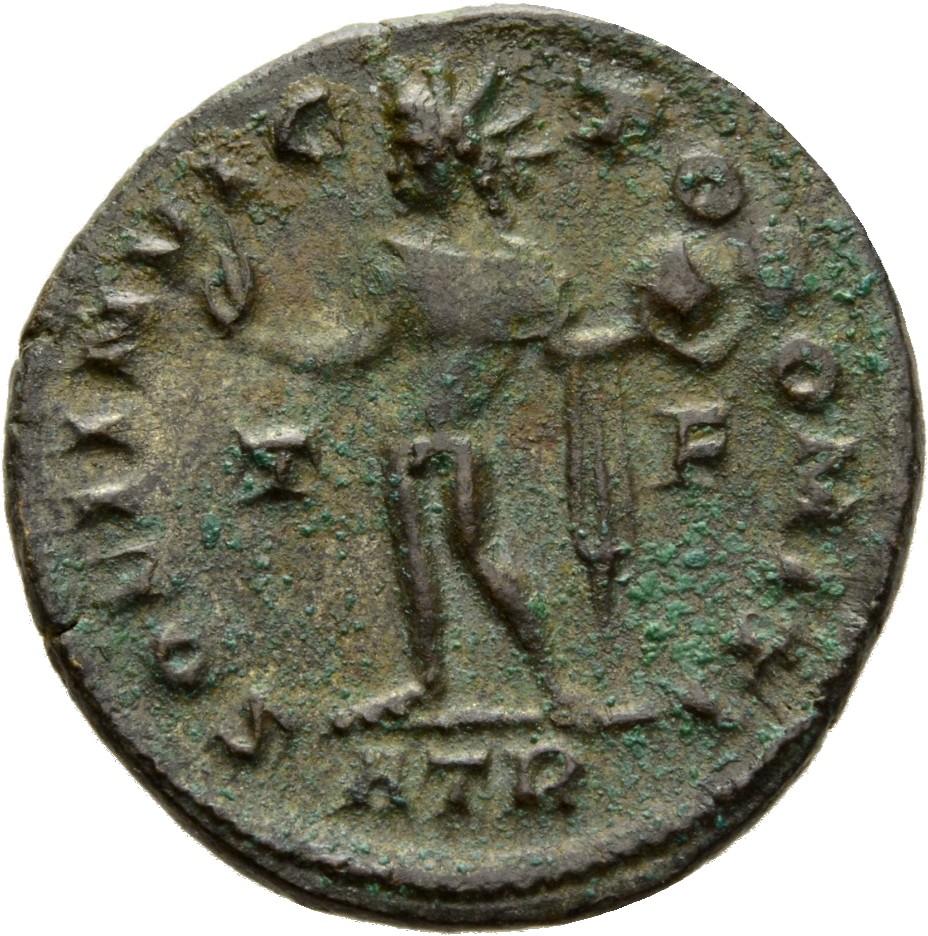 Constantine I reverse — Sol, radiate, chlamys draped across left shoulder, standing left, raising right hand and holding globe in left hand