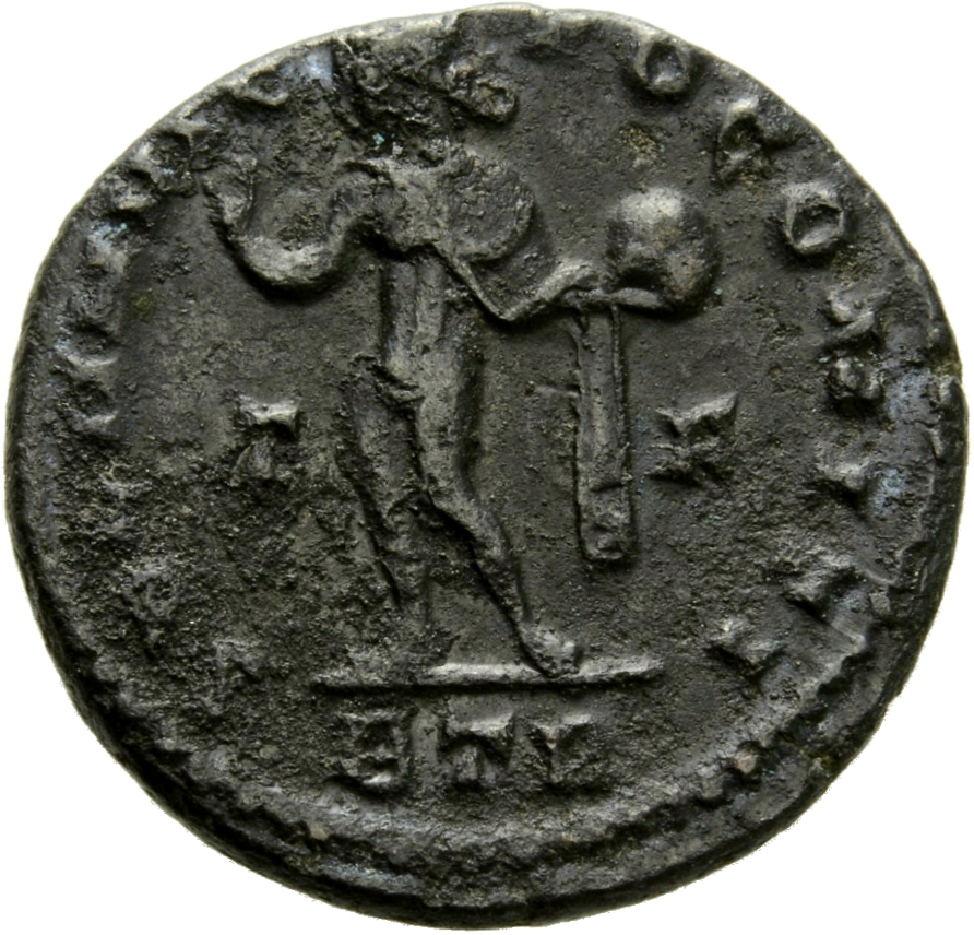 RIC VII Treveri 101 Constantine I reverse, Sol, radiate, chlamys draped across left shoulder, standing left, raising right...