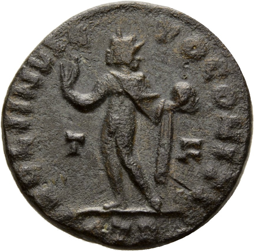 RIC VII Treveri 102 Constantine I reverse, Sol, radiate, chlamys draped across left shoulder, standing left, raising right...