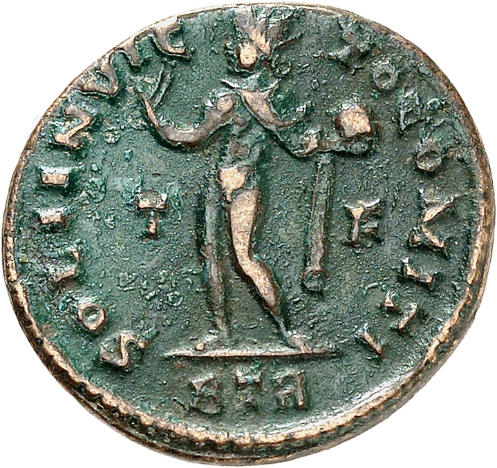 RIC VII Treveri 102 Constantine I reverse, Sol, radiate, chlamys draped across left shoulder, standing left, raising right...