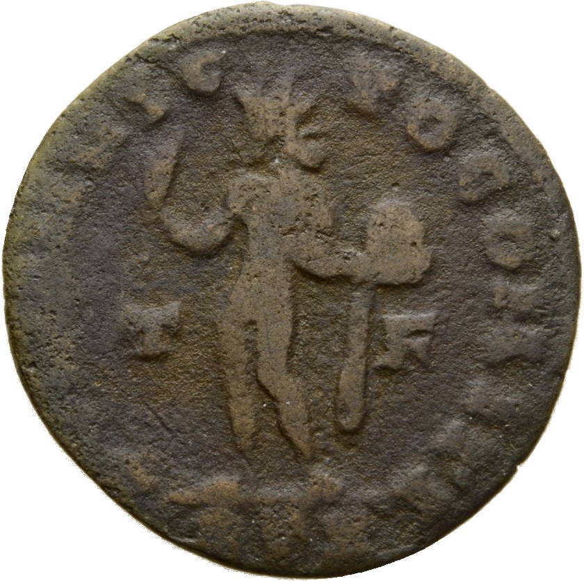 RIC VII Treveri 104 Constantine I reverse, Sol, radiate, chlamys draped across left shoulder, standing left, raising right...