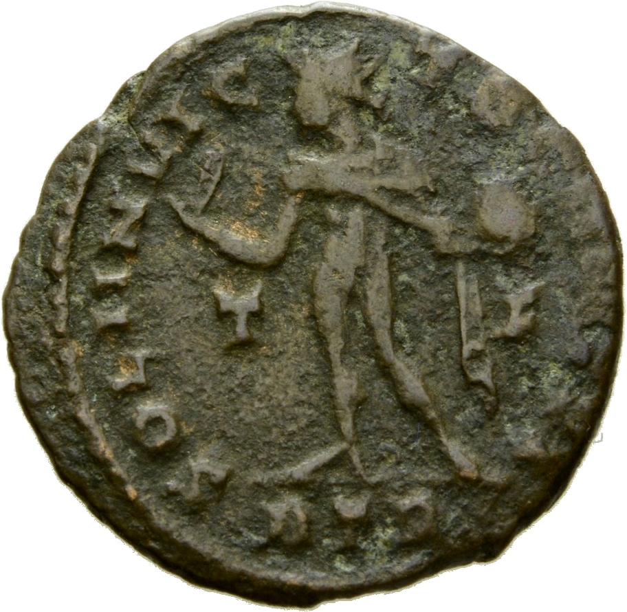 RIC VII Treveri 105 Constantine I reverse, Sol, radiate, chlamys draped across left shoulder, standing left, raising right...