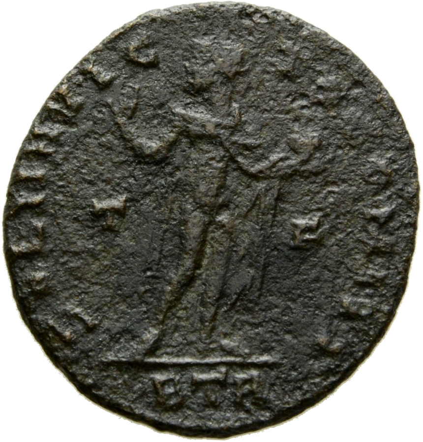 RIC VII Treveri 105 Constantine I reverse, Sol, radiate, chlamys draped across left shoulder, standing left, raising right...