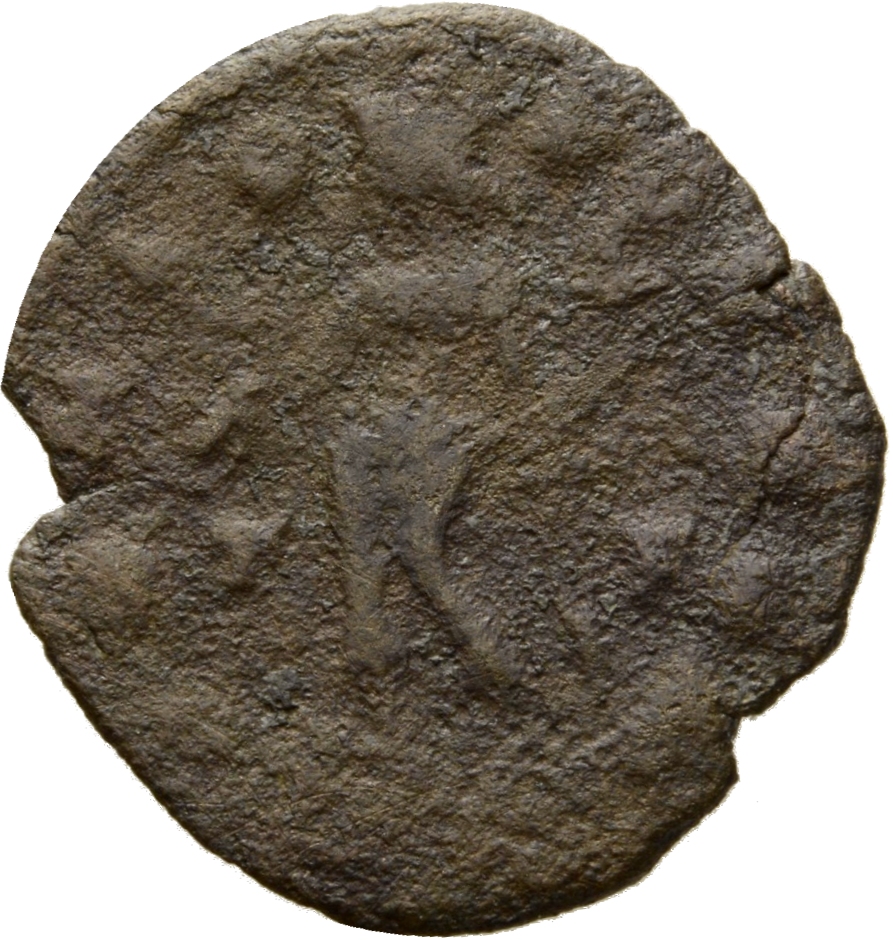 Constantine I reverse — Genius, turreted, draped with himation, standing left, holding patera in right hand and cornucopiae in left hand