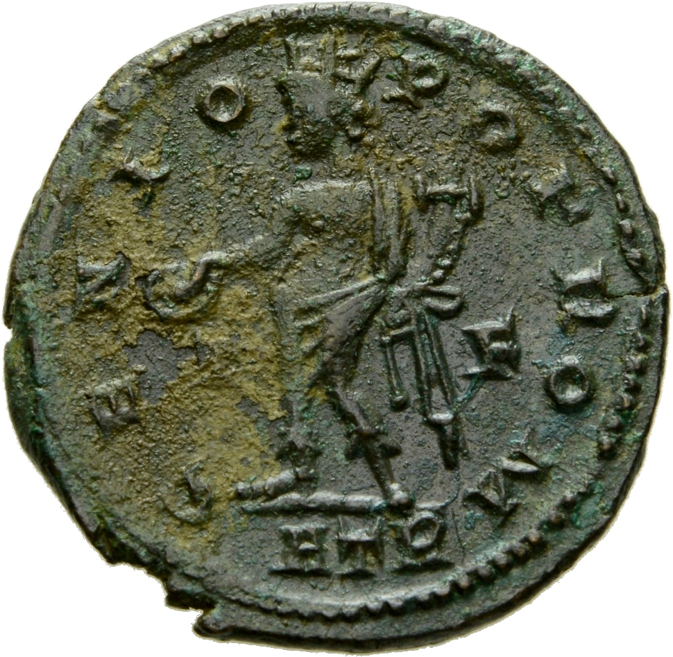 RIC VII Treveri 121 Constantine I reverse — Genius, turreted, draped with himation, standing left, holding patera in right...