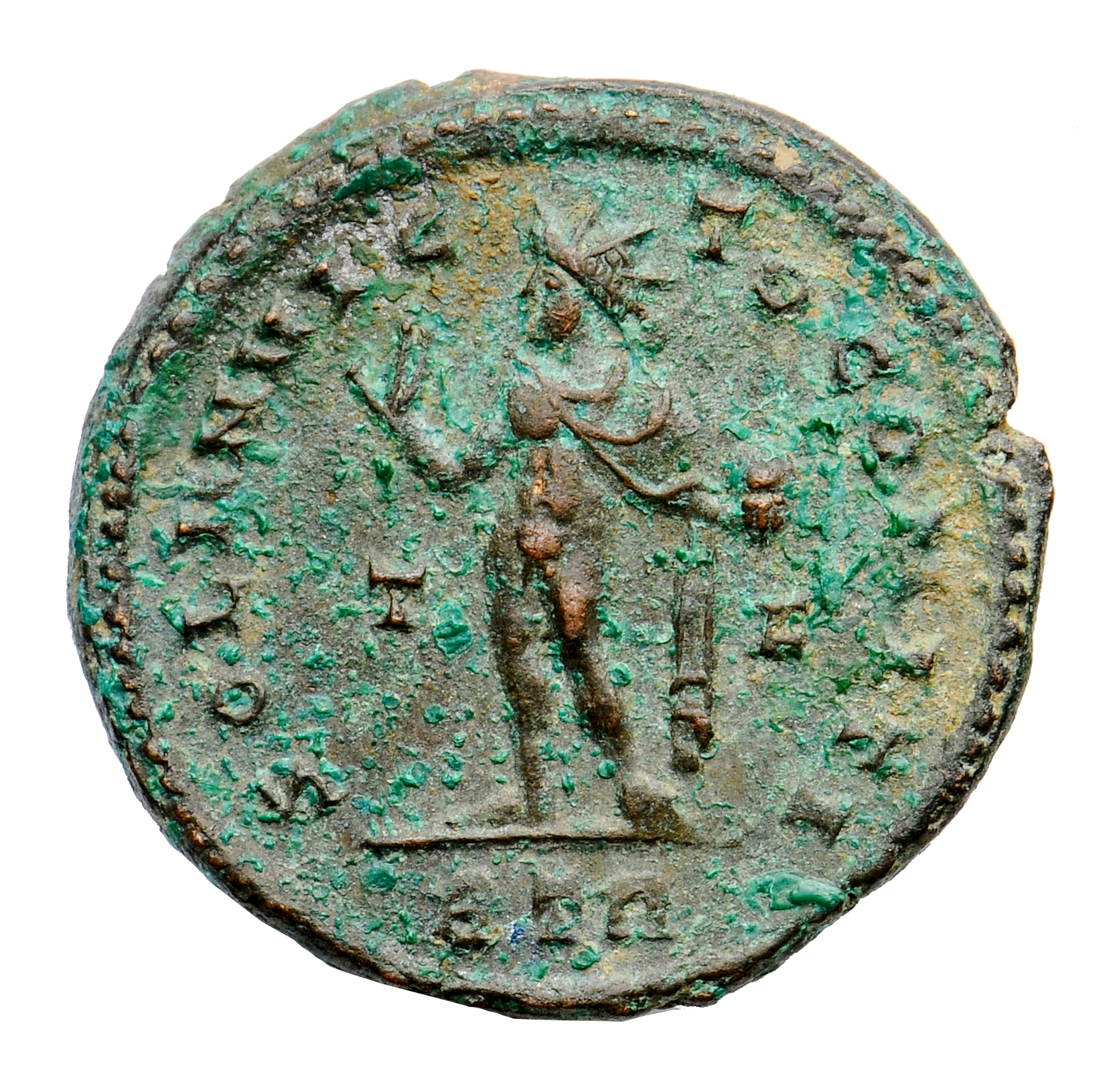 RIC VII Treveri 132 Constantine I reverse, Sol, radiate, chlamys draped across left shoulder, standing left, raising right...