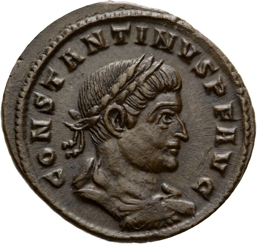 Constantine I obverse — Bust of Constantine I, laureate, draped, cuirassed, right, seen from behind