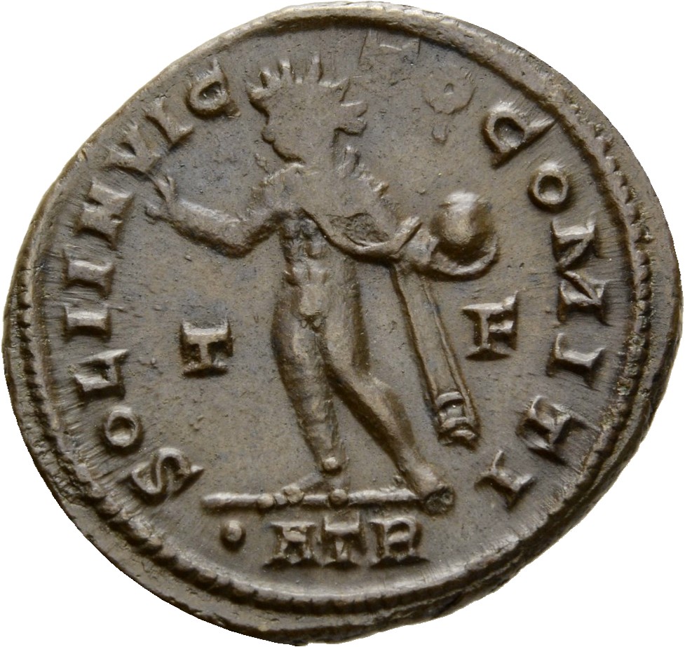 Constantine I reverse — Sol, radiate, chlamys draped across left shoulder, standing left, raising right hand and holding globe in left hand (officina A), or Sol, radiate, chlamys spread, standing right, head left, raising right hand and holding globe in left hand