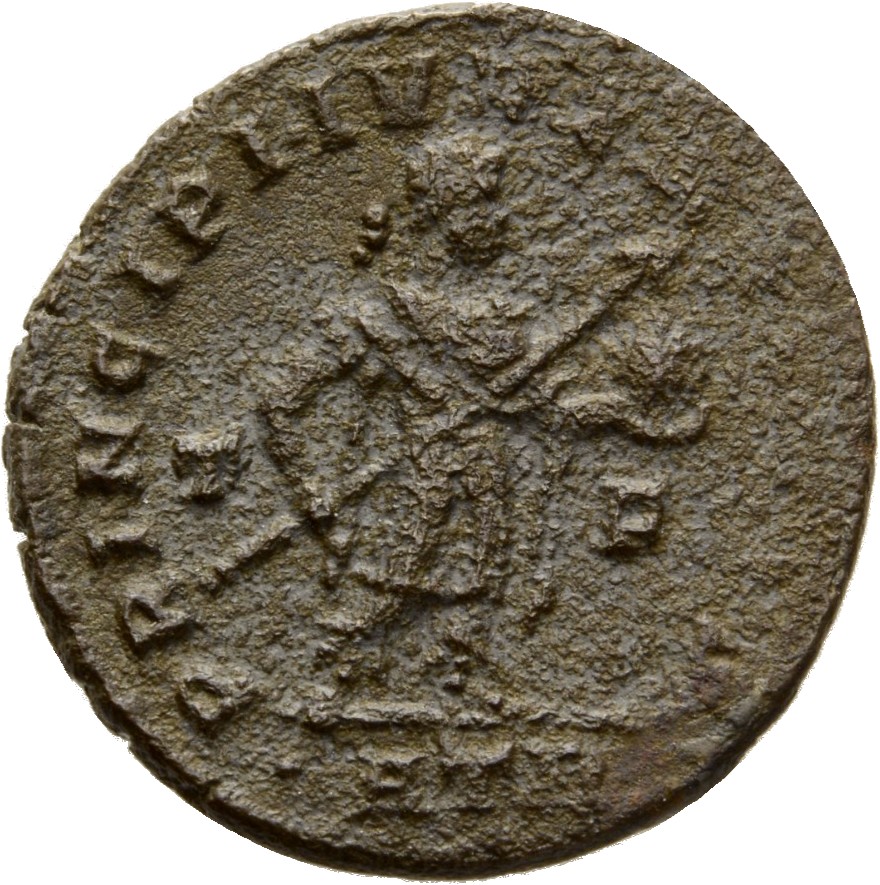 RIC VII Treveri 140 Constantine I reverse, Crispus, laureate, draped, cuirassed, standing right, cloak spread, holding tra...