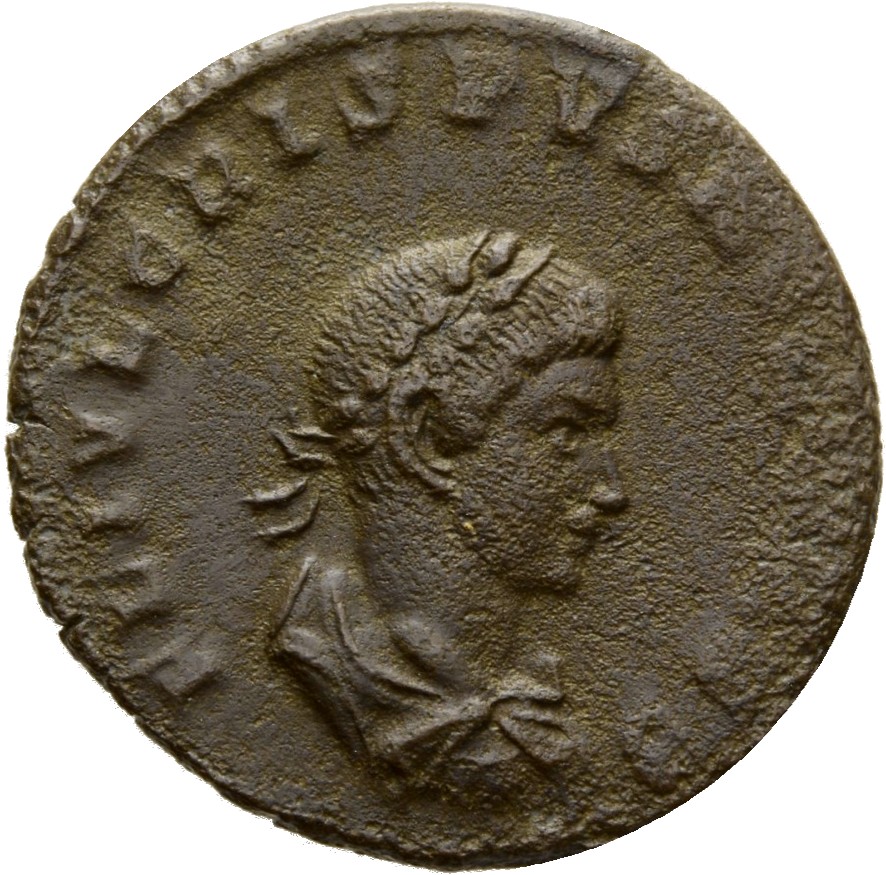 Constantine I obverse — Bust of Crispus, laureate, draped, cuirassed, right, seen from behind
