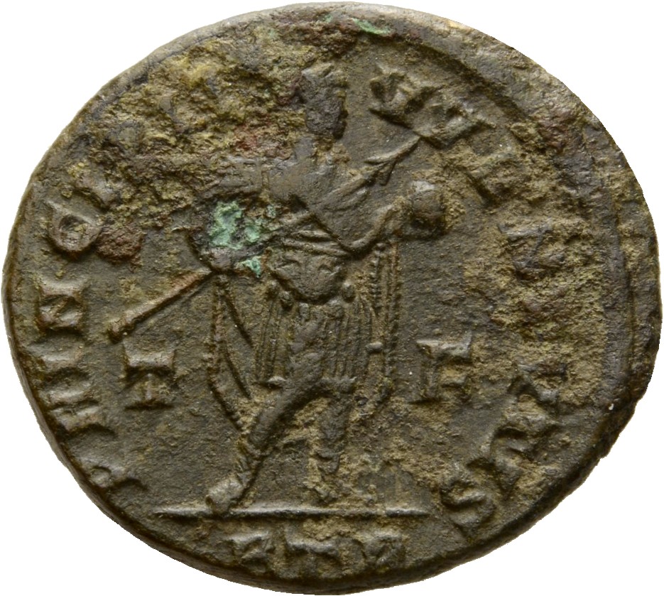 RIC VII Treveri 141 Constantine I reverse, Crispus, laureate, draped, cuirassed, standing right, cloak spread, holding tra...