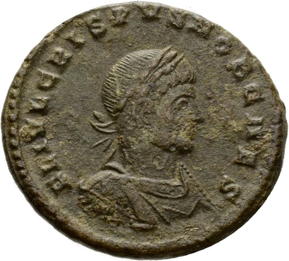 RIC VII Treveri 141 Constantine I obverse, Bust of Crispus, laureate, draped, cuirassed, right