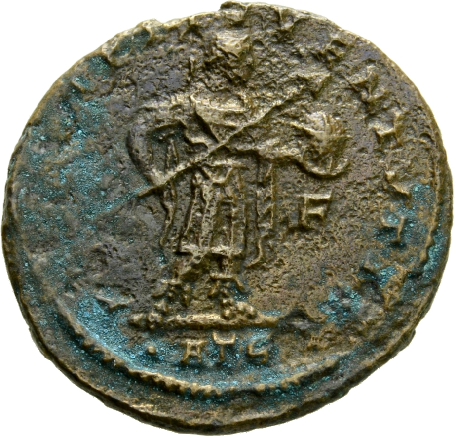 RIC VII Treveri 142 Constantine I reverse, Crispus, laureate, draped, cuirassed, standing right, cloak spread, holding tra...