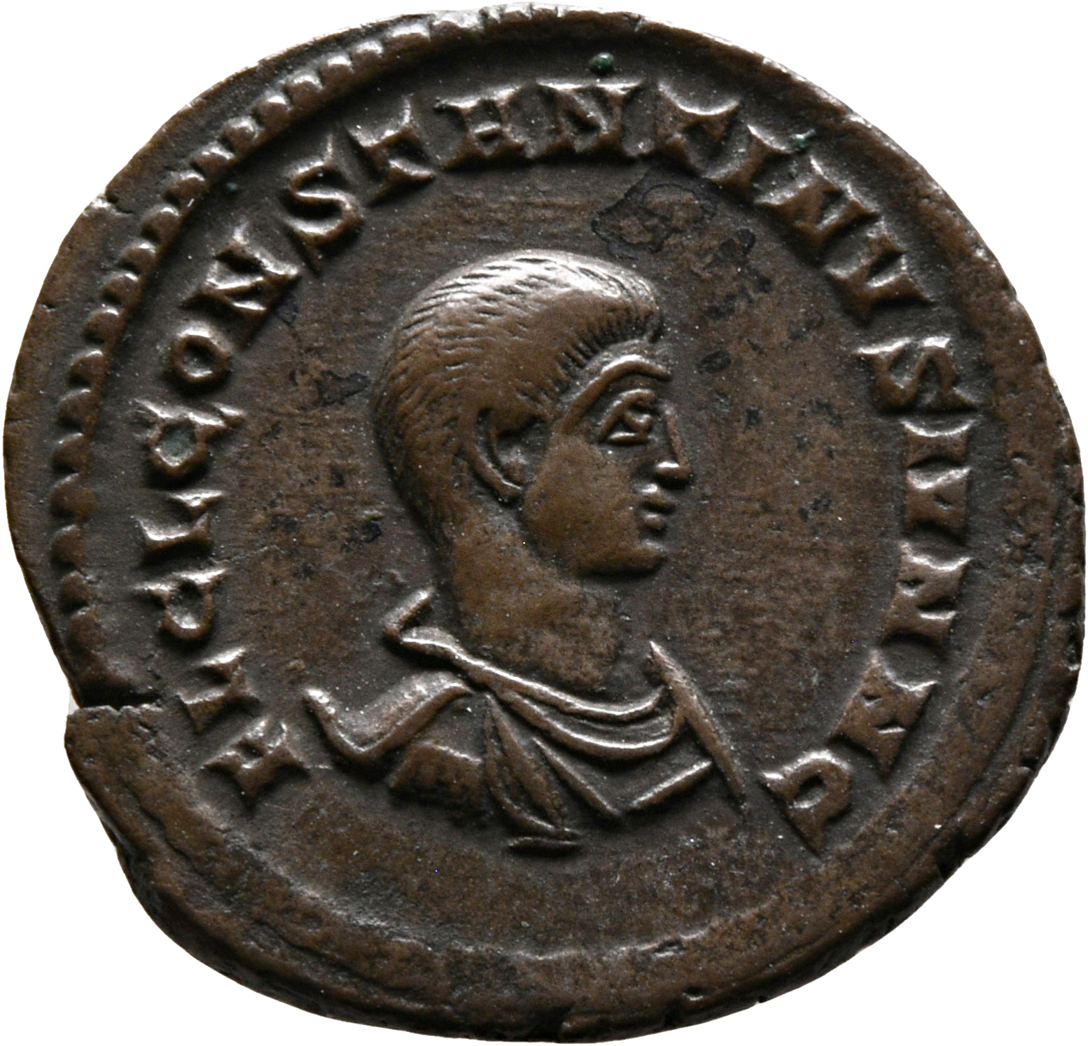 RIC VII Treveri 149 Constantine I obverse, Bust of Constantine II, draped, cuirassed, right