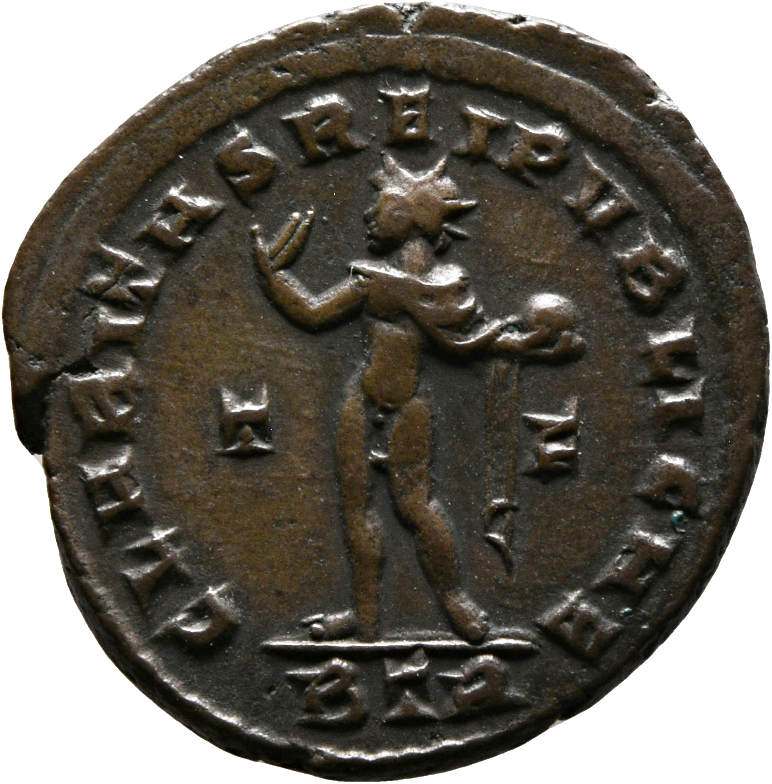 RIC VII Treveri 149 Constantine I reverse, Sol, radiate, chlamys flying, advancing left, raising right hand and holding gl...
