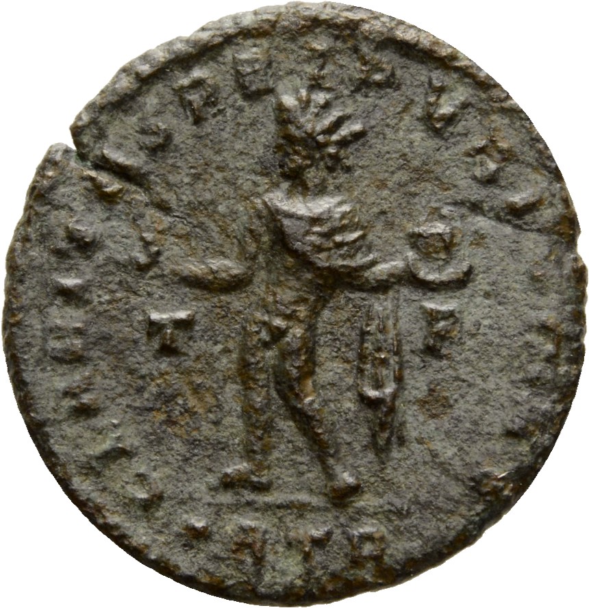 Constantine I reverse — Sol, radiate, chlamys draped across left shoulder, standing left, raising right hand and holding globe in left hand