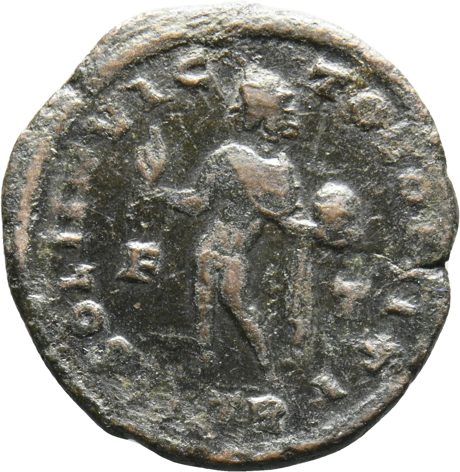 RIC VII Treveri 162 Constantine I reverse, Sol, radiate, chlamys draped across left shoulder, standing left, raising right...