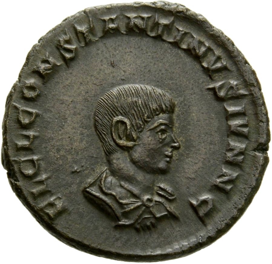 Constantine I obverse — Bust of Constantine II, draped, cuirassed, right, seen from behind