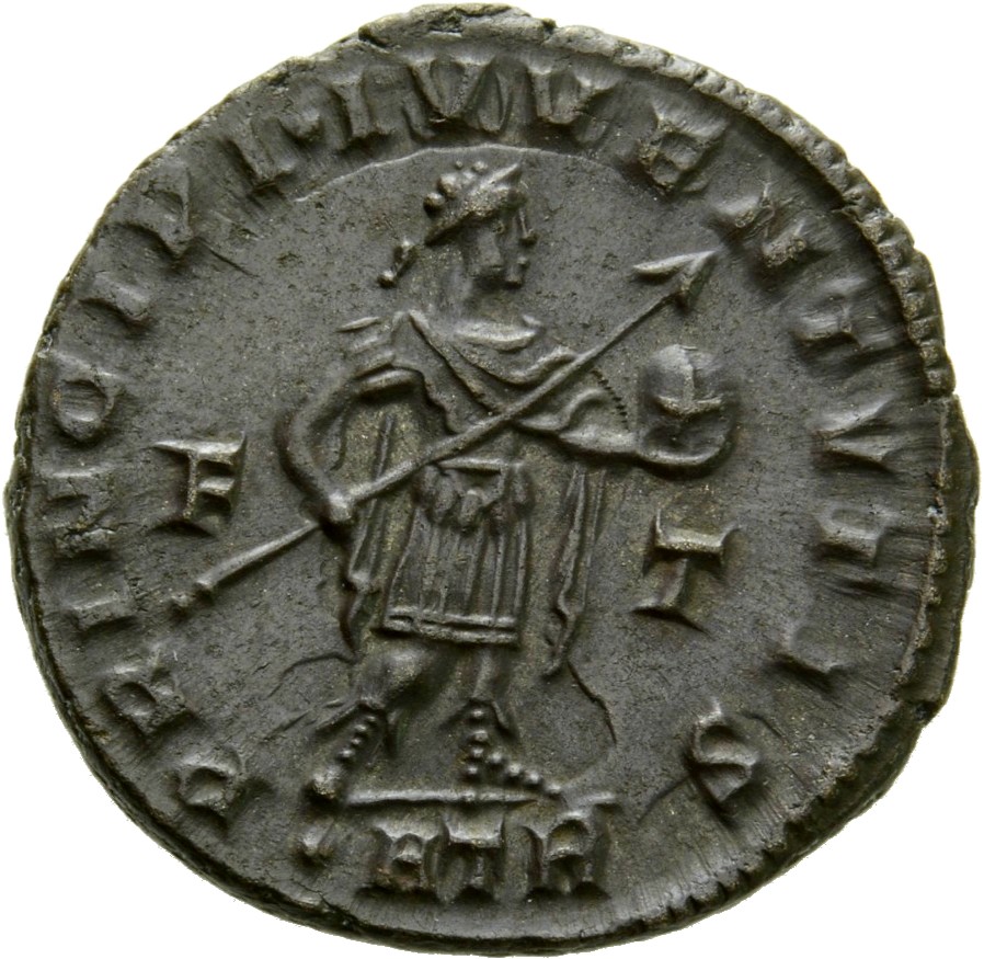 Constantine I reverse — Crispus, laureate, draped, cuirassed, standing right, cloak spread, holding transverse spear in right hand and globe in left hand