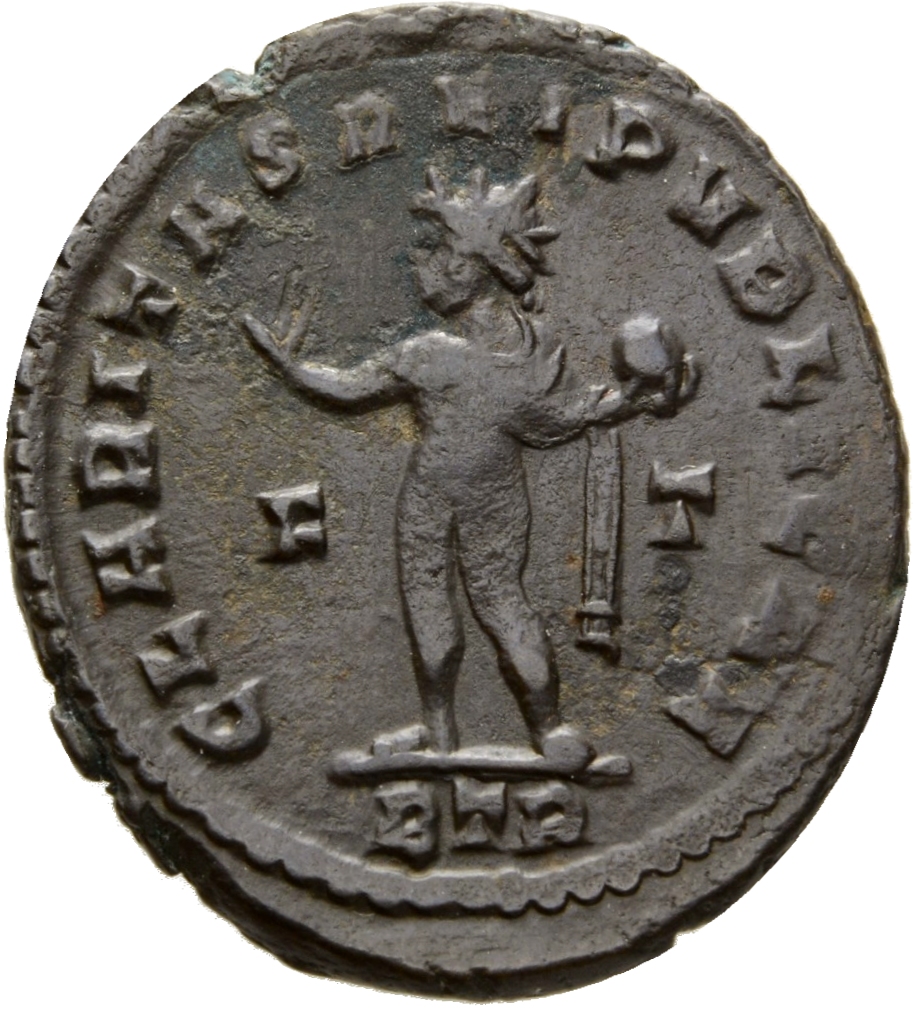 RIC VII Treveri 176 Constantine I reverse, Sol, radiate, chlamys draped across left shoulder, standing left, raising right...