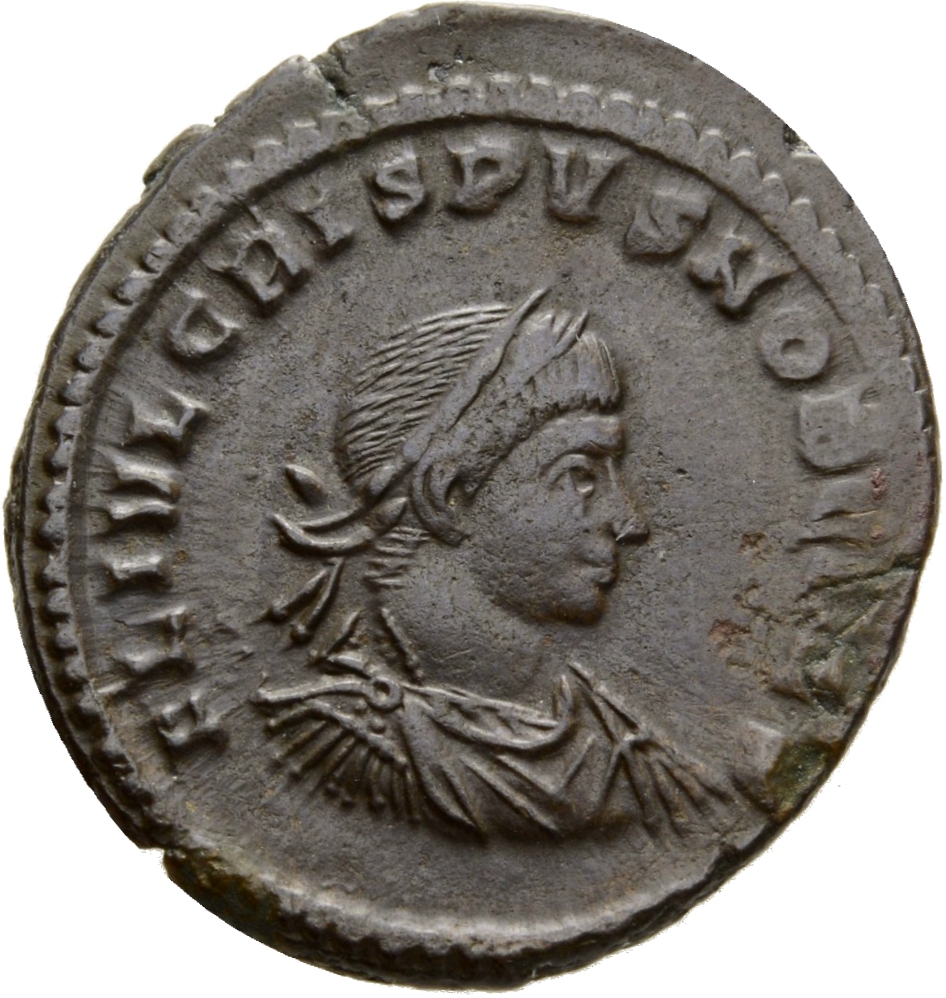Constantine I obverse — Bust of Crispus, laureate, draped, cuirassed, right