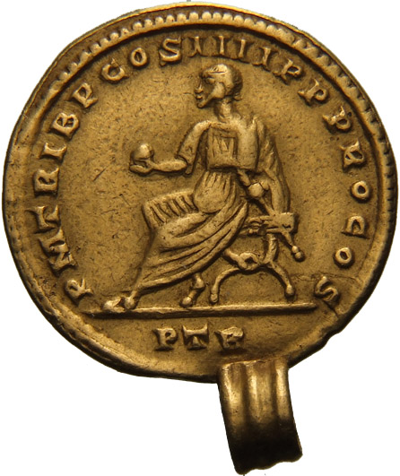 Constantine I reverse — Constantine I, togate, seated left on curule chair, holding globe in right hand and sceptre in left hand