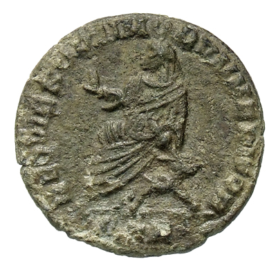 RIC VII Treveri 202 Constantine I reverse, Constantius Chlorus, veiled, draped, seated left in curule chair, holding short...