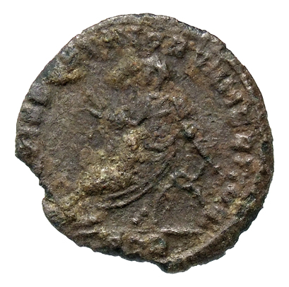 RIC VII Treveri 202 Constantine I reverse, Constantius Chlorus, veiled, draped, seated left in curule chair, holding short...