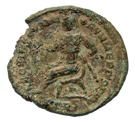 RIC VII Treveri 203 Constantine I reverse, Claudius II Gothicus, veiled, draped, seated left in curule chair, holding shor...