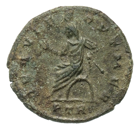 RIC VII Treveri 204 Constantine I reverse, Maximian, veiled, draped, seated left in curule chair, holding short sceptre in...