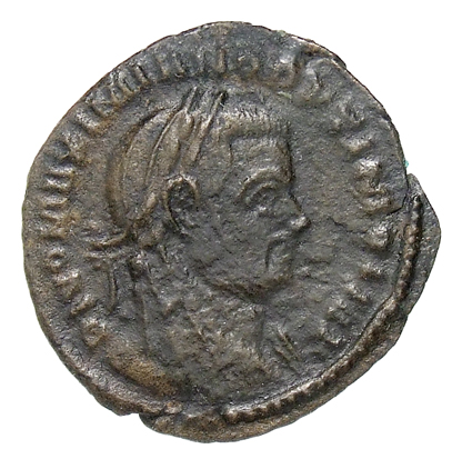 RIC VII Treveri 204 Constantine I obverse, Head of Maximian, veiled, laureate, right