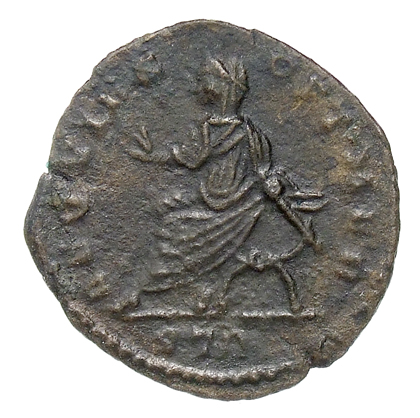 RIC VII Treveri 204 Constantine I reverse, Maximian, veiled, draped, seated left in curule chair, holding short sceptre in...
