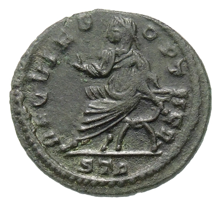 RIC VII Treveri 205 Constantine I reverse, Maximian, veiled, draped, seated left in curule chair, holding short sceptre in...