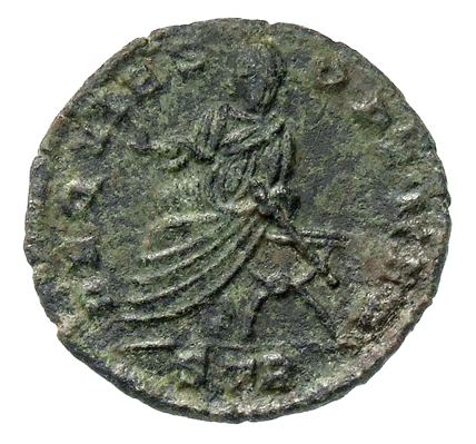 RIC VII Treveri 206 Constantine I reverse, Constantius Chlorus, veiled, draped, seated left in curule chair, holding short...